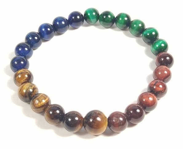 Green, Red, Blue & Yellow Tiger's Eye Stretchy Beaded Bracelet - Wrist Mala Prayer Beads - 8mm
