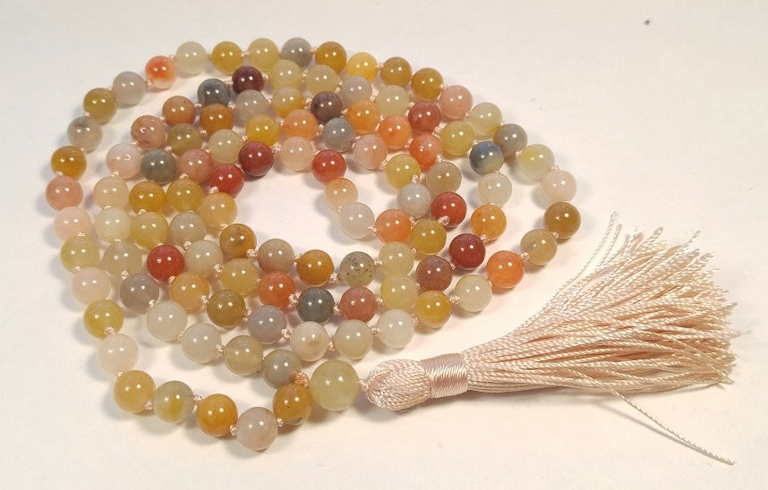 Rainbow Jade Knotted 108 Bead Mala - Prayer Beads - 8mm