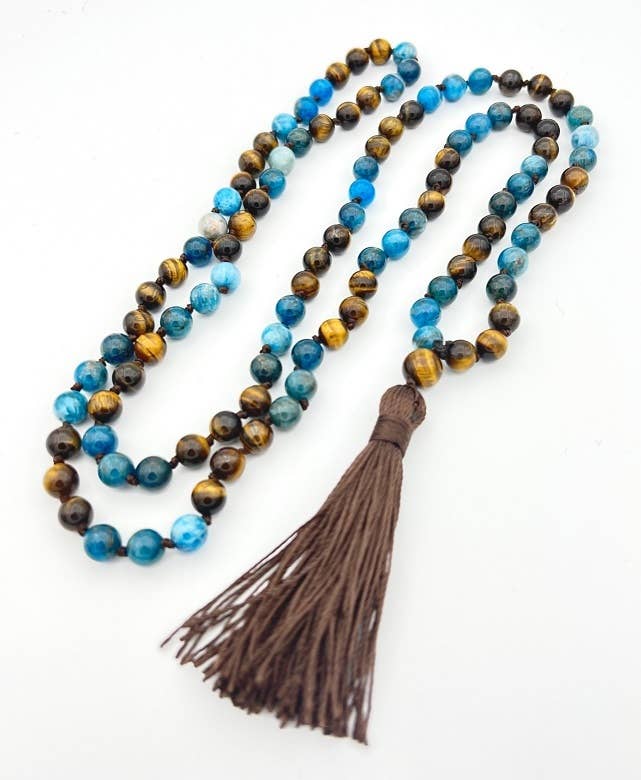 Apatite & Tiger's Eye Knotted 108 Bead Mala - 8mm