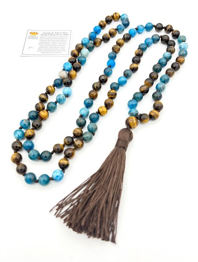 Apatite & Tiger's Eye Knotted 108 Bead Mala - 8mm