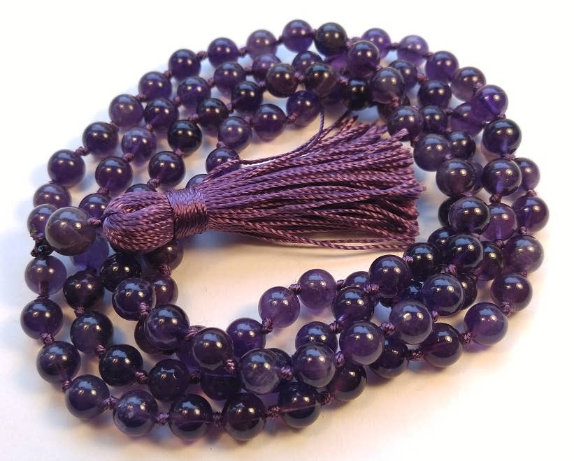 Natural Un-dyed Grade A Amethyst Knotted 108 Mala - 8mm