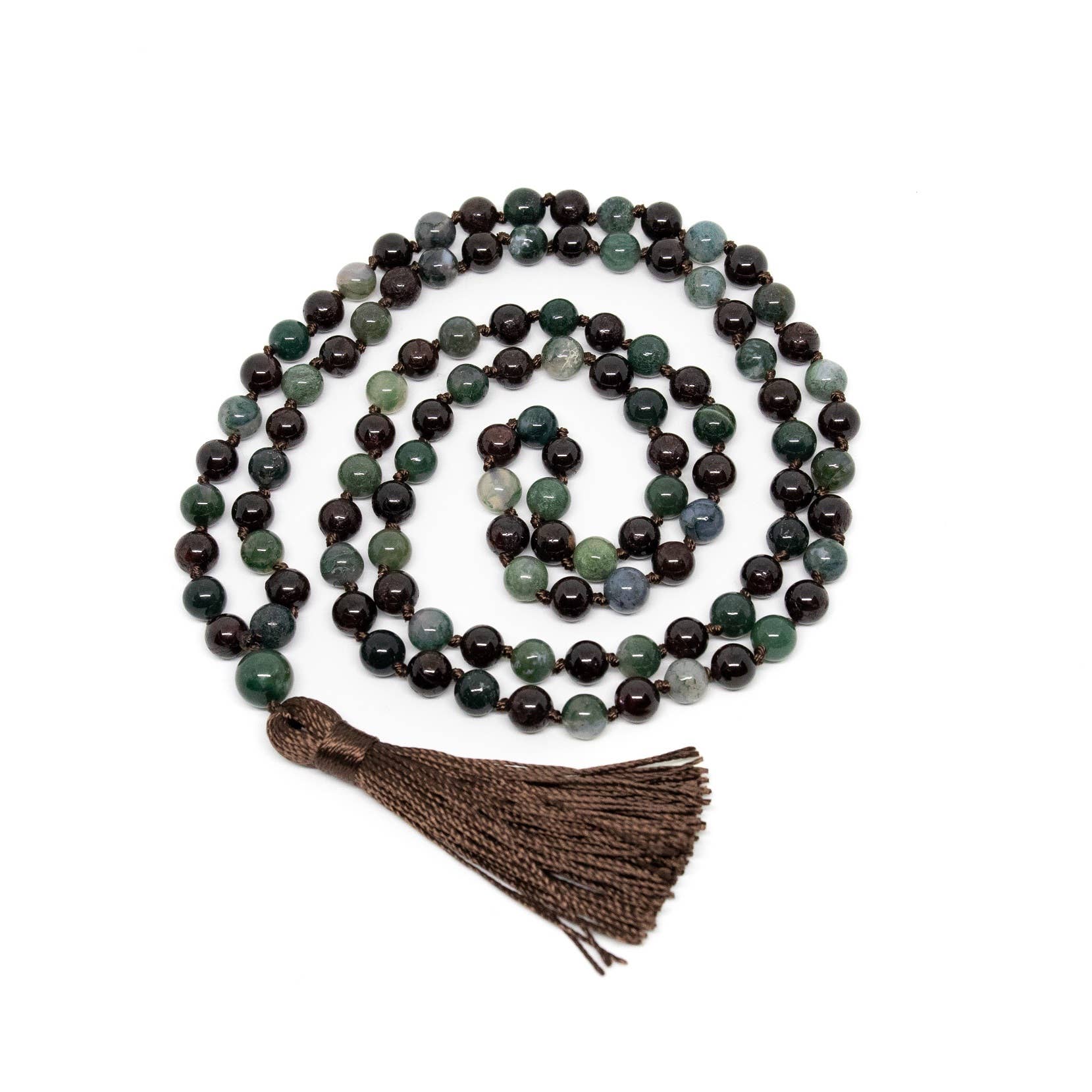 Garnet & Moss Agate Knotted 108 Mala - Prayer Beads - 8mm