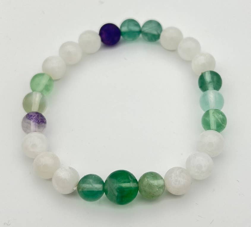 Fluorite & Moonstone Beaded Bracelet - Wrist Mala - 8mm