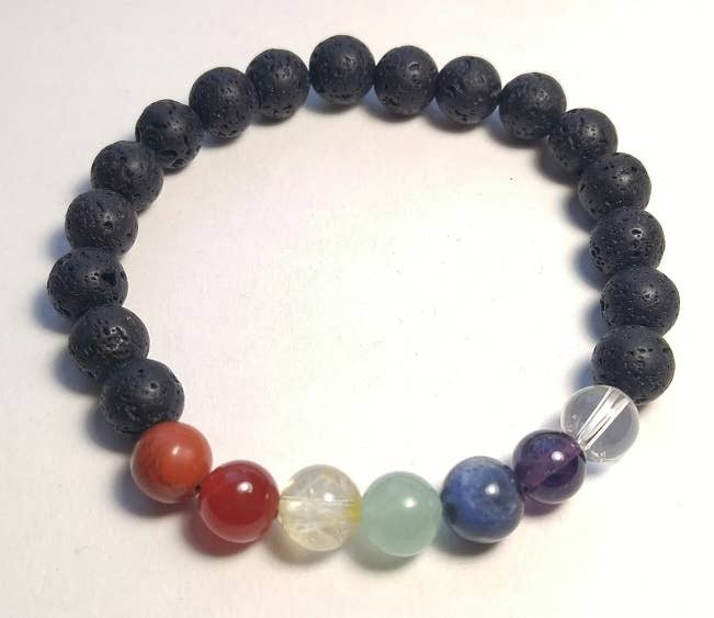 Real Gemstone Lava Stone Chakra Stretchy Beaded Bracelet - Wrist Mala Prayer Beads - 8mm