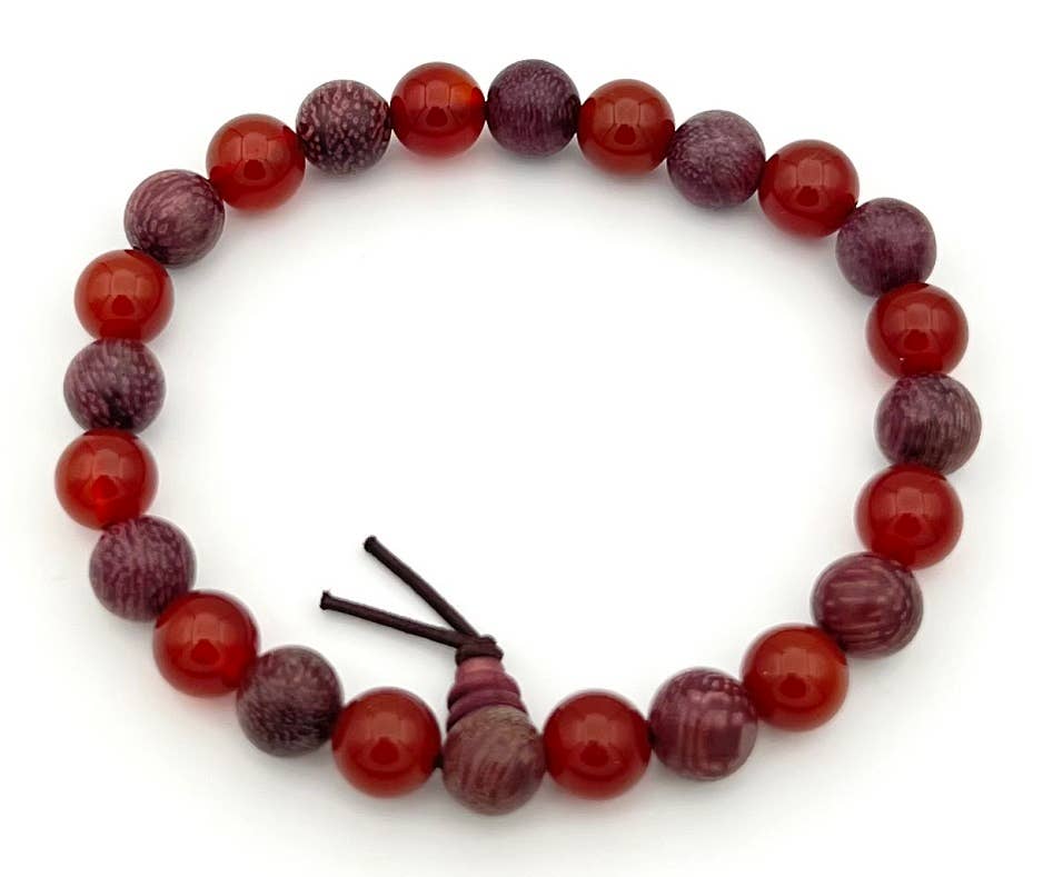 Purpleheart Wood & Carnelian Beaded Bracelet - Wrist Mala - 8mm