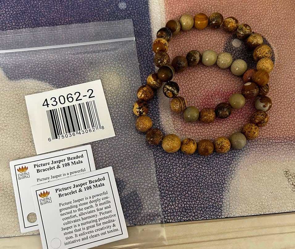 Longer Length Picture Jasper Beaded Bracelet Wrist Mala 10mm