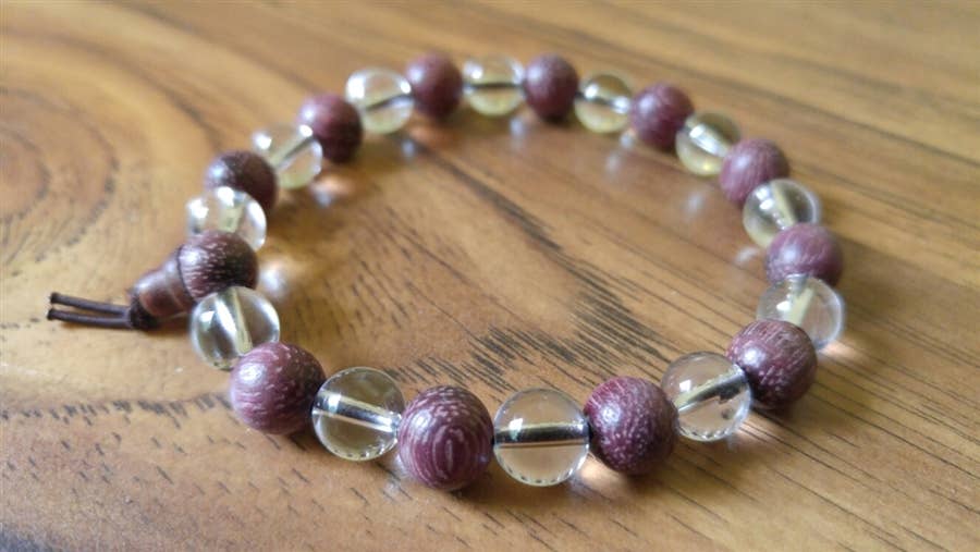 Crystal & Purpleheart Wood Beaded Bracelet - Wrist Mala - 8mm
