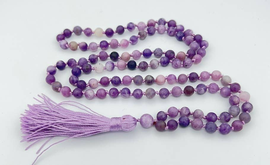 Lepidolite Knotted 108 Bead Mala - Prayer Beads - 8mm