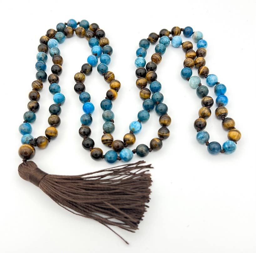 Apatite & Tiger's Eye Knotted 108 Bead Mala - 8mm
