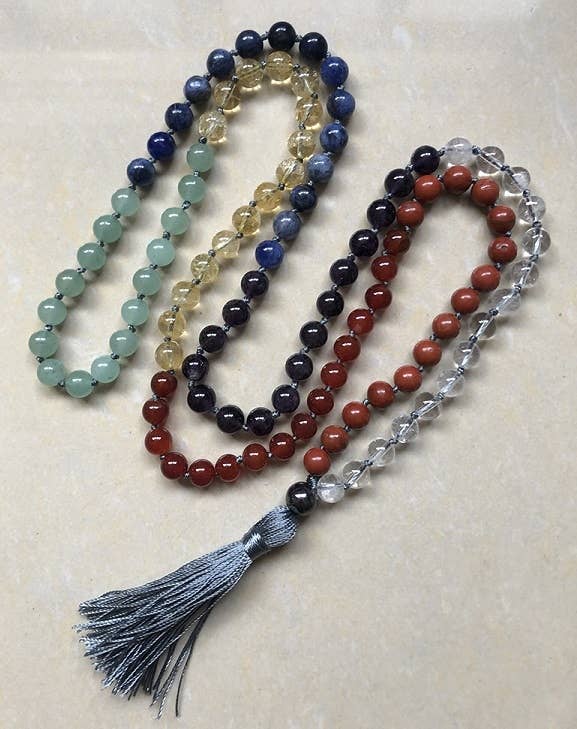 Real Gemstone Chakra Knotted 108 Bead Mala - Prayer Beads - 8mm