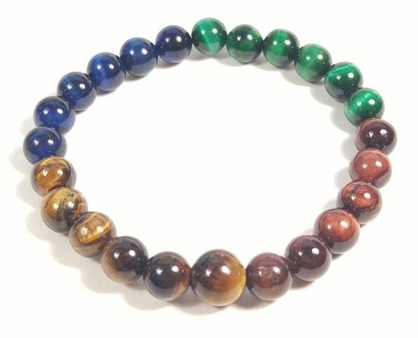 Long Length Green, Red, Blue & Yellow Tiger Eye Bracelet 8mm