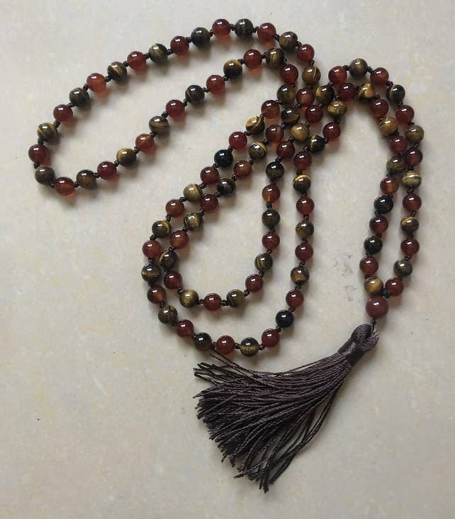 Carnelian & Tiger's Eye Knotted 108 Mala - Prayer Beads 8mm