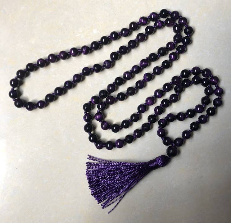 Purple Tiger's Eye Knotted 108 Bead Mala - Prayer Beads 8mm
