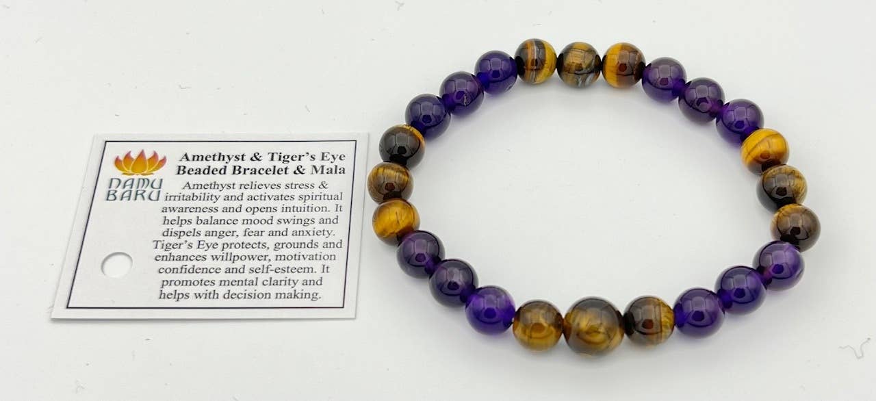 Tiger Eye & Amethyst Beaded Bracelet - Wrist Mala - 8mm