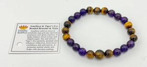 Tiger Eye & Amethyst Beaded Bracelet - Wrist Mala - 8mm