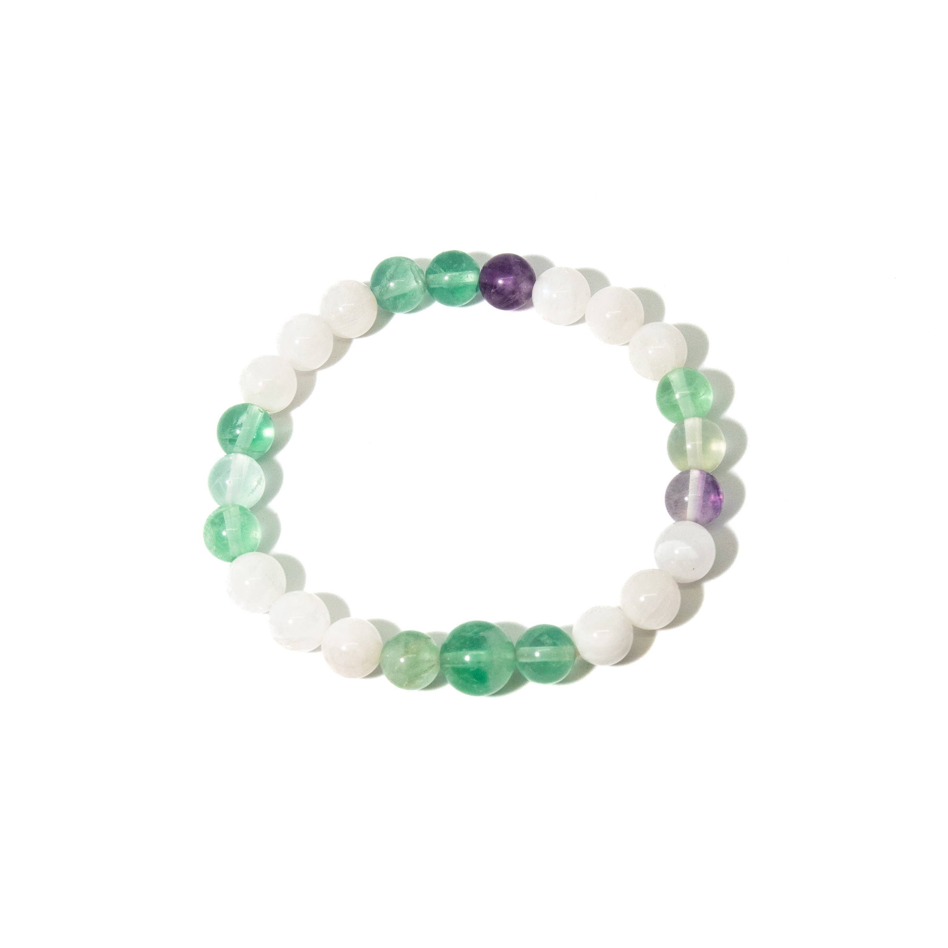 Fluorite & Moonstone Beaded Bracelet - Wrist Mala - 8mm