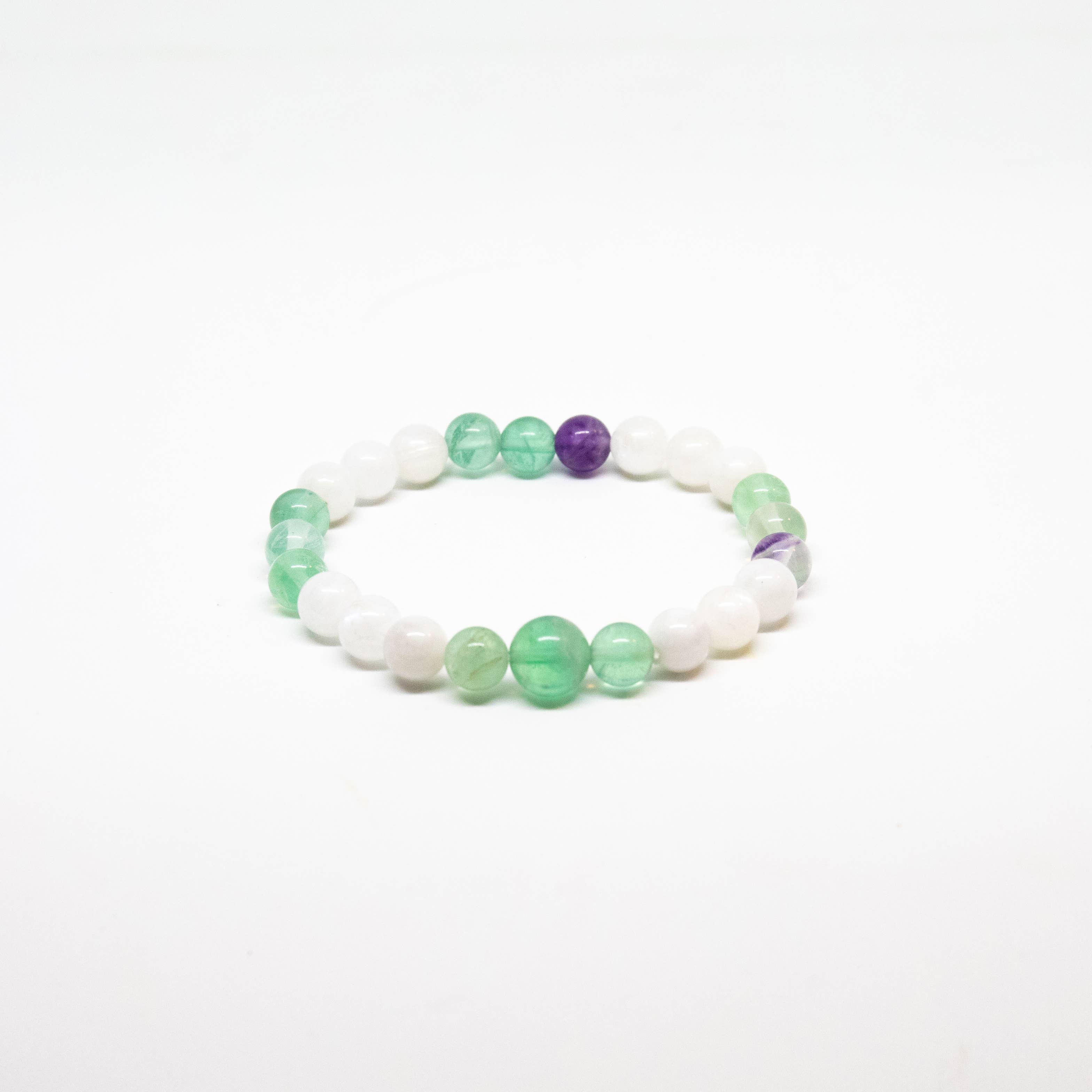 Fluorite & Moonstone Beaded Bracelet - Wrist Mala - 8mm