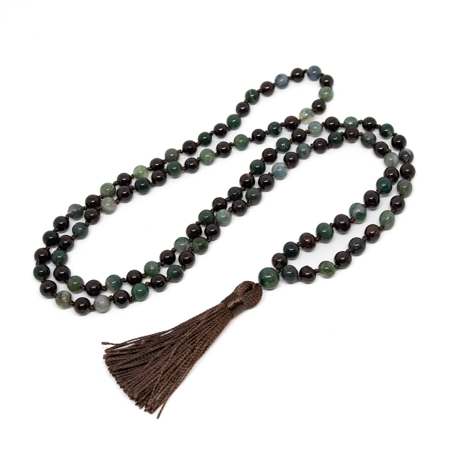 Garnet & Moss Agate Knotted 108 Mala - Prayer Beads - 8mm