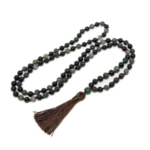 Garnet & Moss Agate Knotted 108 Mala - Prayer Beads - 8mm