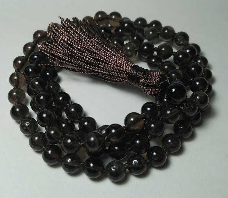 Smoky Quartz Knotted 108 Bead Mala - Prayer Beads - 8mm