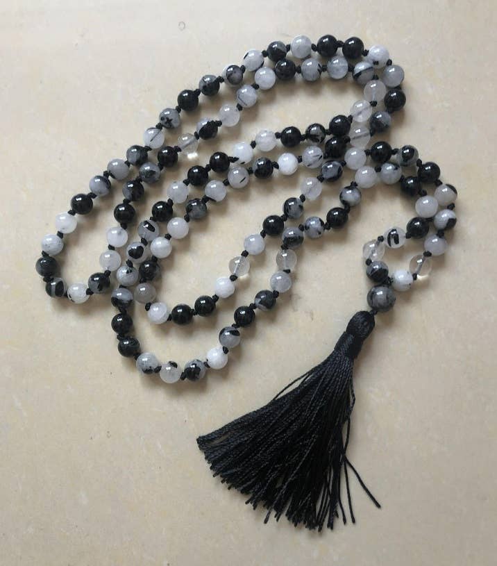 Tourmalated Quartz Knotted 108 Mala - Prayer Beads - 8mm