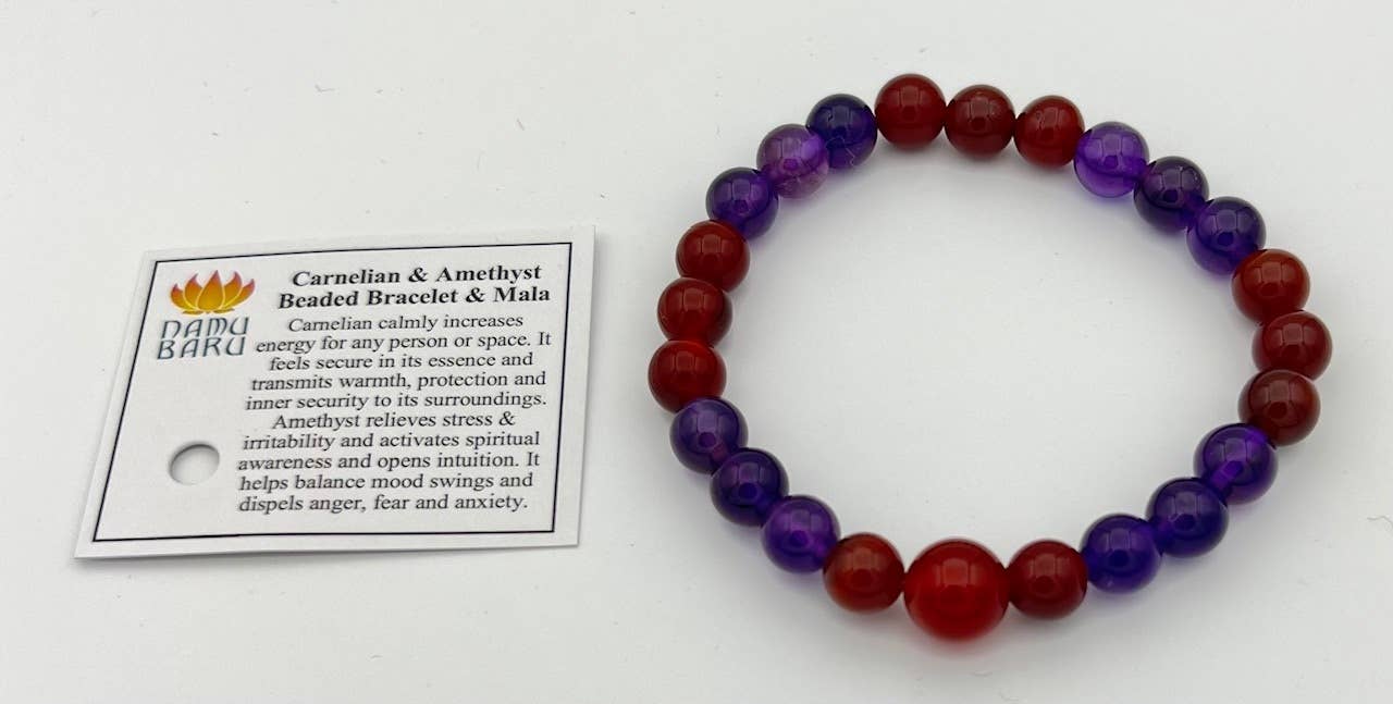Carnelian & Amethyst Beaded Bracelet - Wrist Mala - 8mm