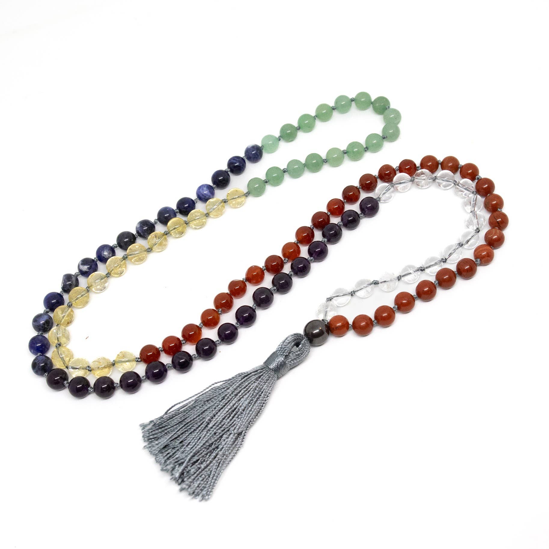 Real Gemstone Chakra Knotted 108 Bead Mala - Prayer Beads - 8mm