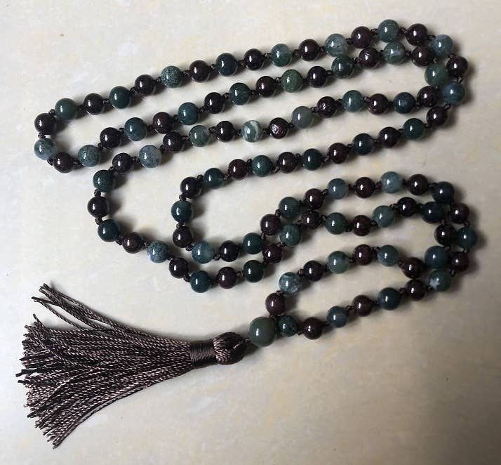 Garnet & Moss Agate Knotted 108 Mala - Prayer Beads - 8mm
